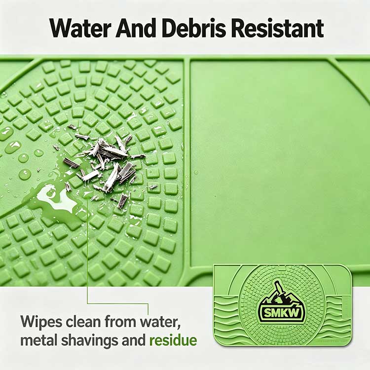 Water and metal debris resistant knife sharpening mat for clean workbenches.