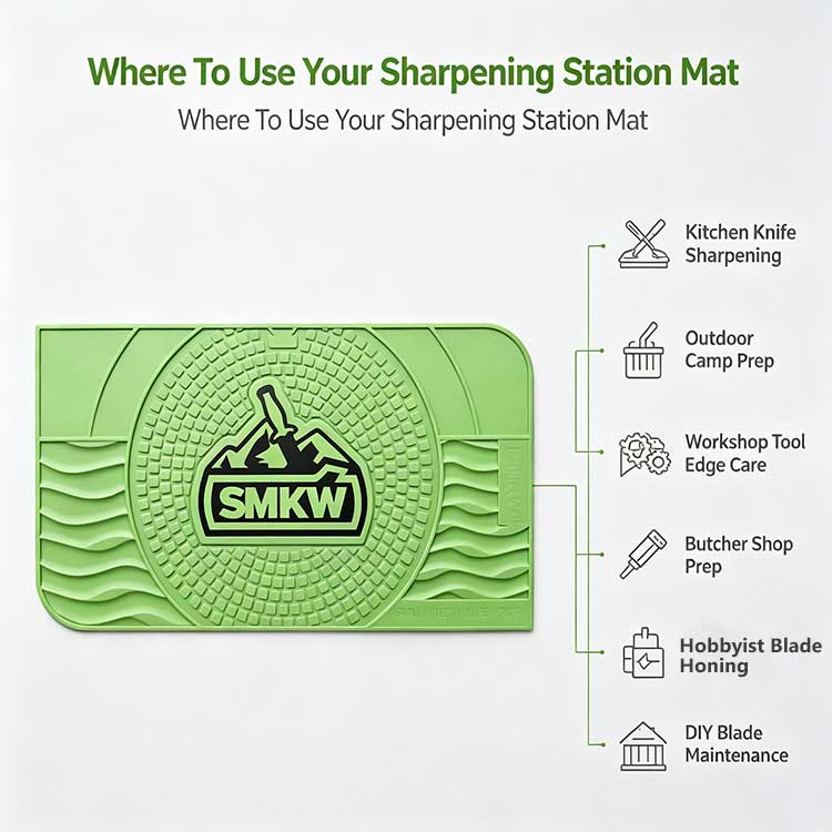 Multi-scenario knife sharpening station mat for kitchens, camps, and workshops.