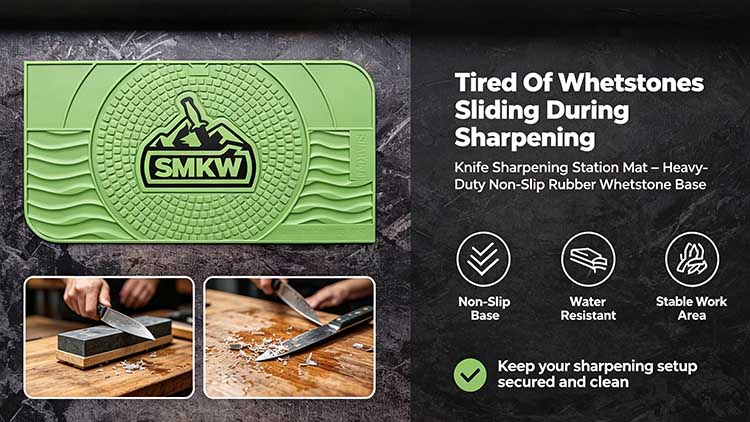 Heavy-duty green rubber knife sharpening station mat with non-slip whetstone base and water-repellent surface.