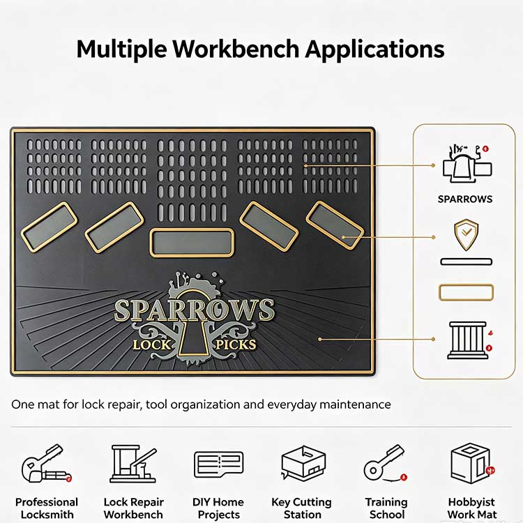 Multi-scenario rubber lock picking work mat for locksmiths and security pros.