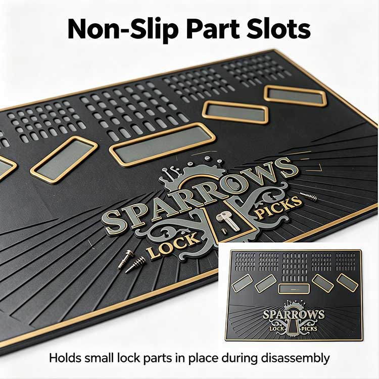 Non-slip rubber base for lock picking work mat keeping it steady on a table.