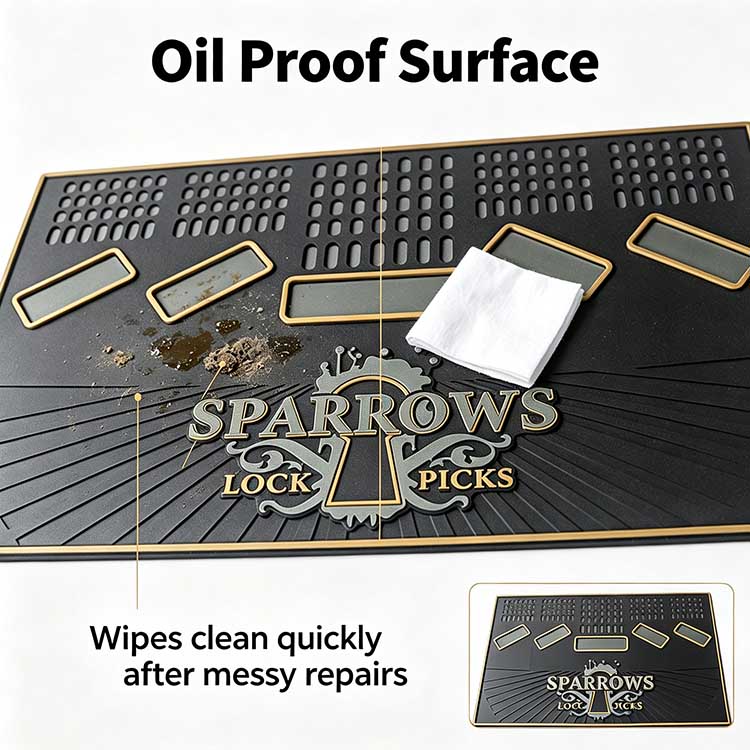 Oil and graphite repellent lock picking mat keeping the workbench clean.
