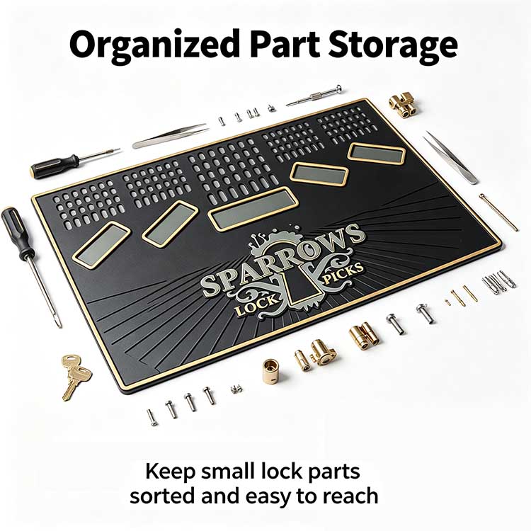 Locksmith work mat with segmented sorting trays for lock pins and springs.