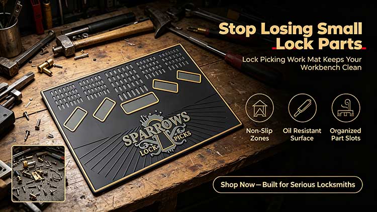 Non-slip rubber lock picking work mat for professional locksmiths and security techs.