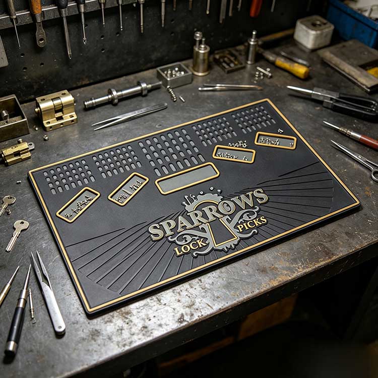Industrial rubber lock picking work mat used by locksmiths on a metal workbench with tools.