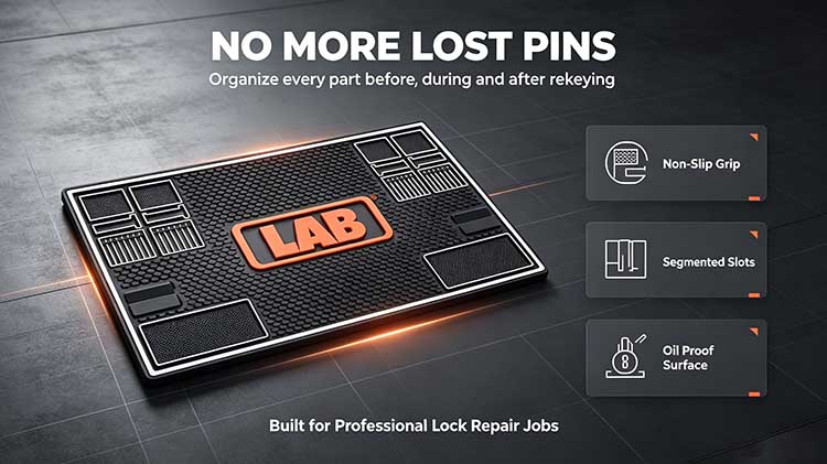 Custom pinning tray for locks with non-slip surface keeping pins and springs organized for professional locksmiths