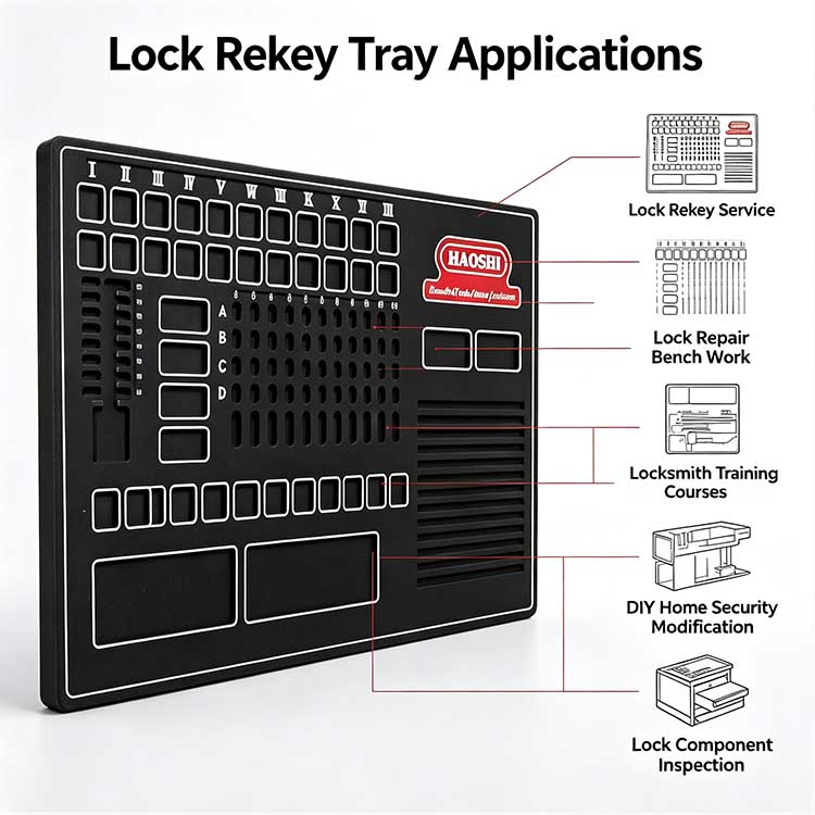 Multi-scenario lock rekey tray for commercial locksmiths and security training