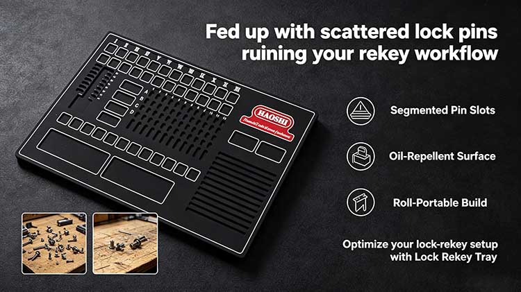 Heavy-duty rubber lock rekey tray with labeled pin slots for professional locksmiths.