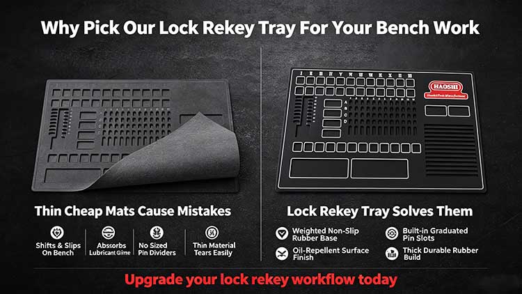 Comparison of cheap thin mat versus heavy-duty rubber lock rekey tray.