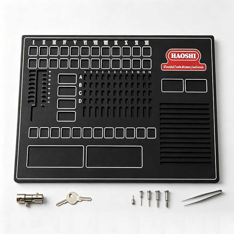 Rubber lock rekey tray with labeled A-D and 1-12 pin sorting grid.