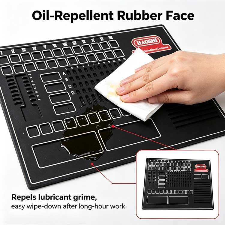 Oil and graphite repellent rubber lock rekey tray for easy workbench cleanup.