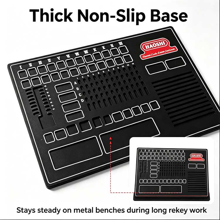 Thick non-slip rubber lock rekey tray base staying steady on metal benches.