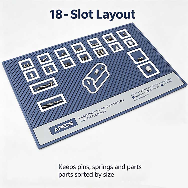 18-slot organized layout on a locksmith pinning mat keeping pins sorted