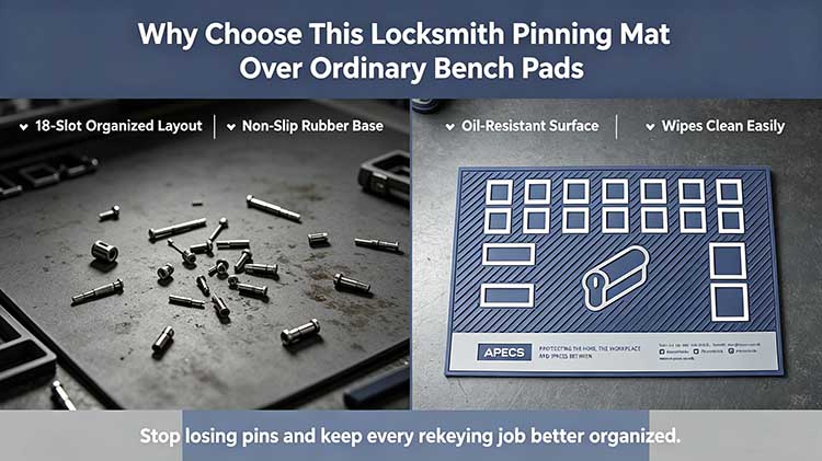Comparison of 18-slot locksmith pinning mat versus ordinary work pads