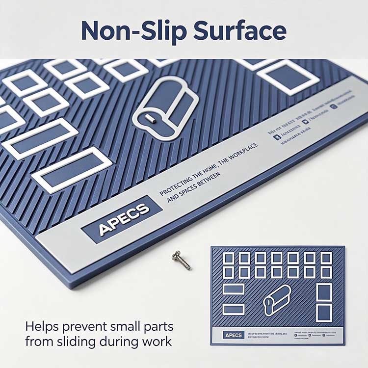 Diagonal grooved non-slip surface on a locksmith pinning mat preventing part sliding