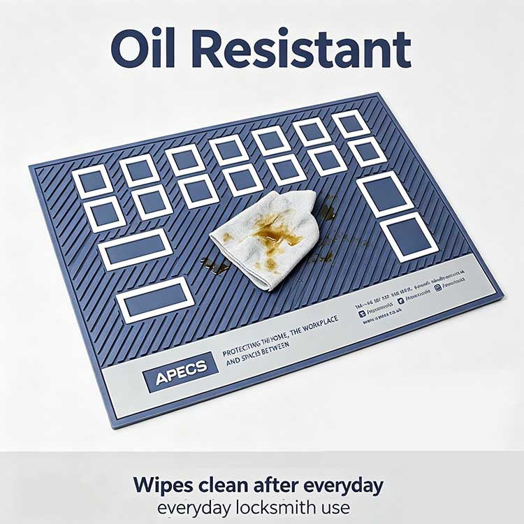 Oil-resistant rubber locksmith pinning mat repelling lubricants and grease