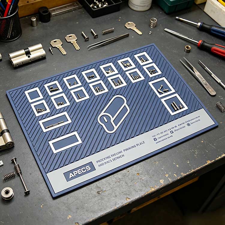 18-slot locksmith pinning mat organizing pins and springs in a professional workshop environment
