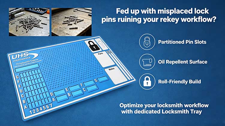 Professional blue rubber locksmith tray with labeled pin grid and cylinder slots.