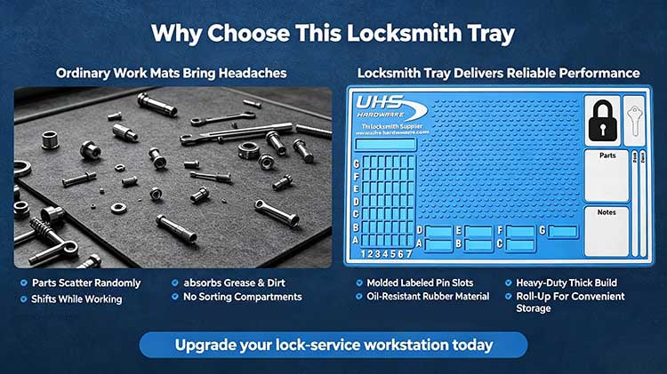 Comparison of generic mat versus professional rubber locksmith tray with grids