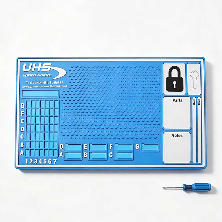 Professional locksmith tray with dedicated Cylinder A-F slots for lock housings.