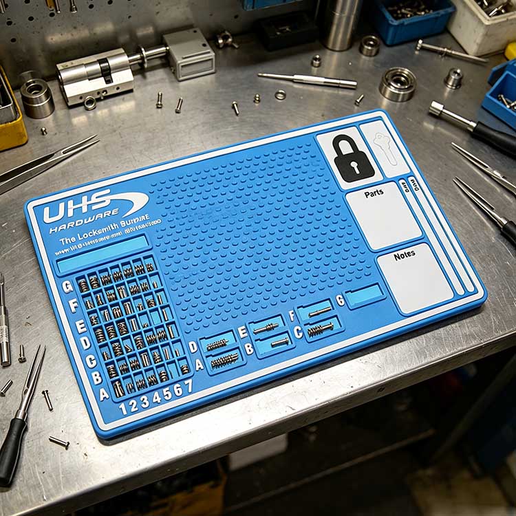 Rubber locksmith tray with integrated parts tray pen and notes slots.