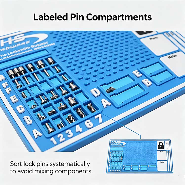 Locksmith tray with A-G labeled pin grid for sorting bottom and driver pins.