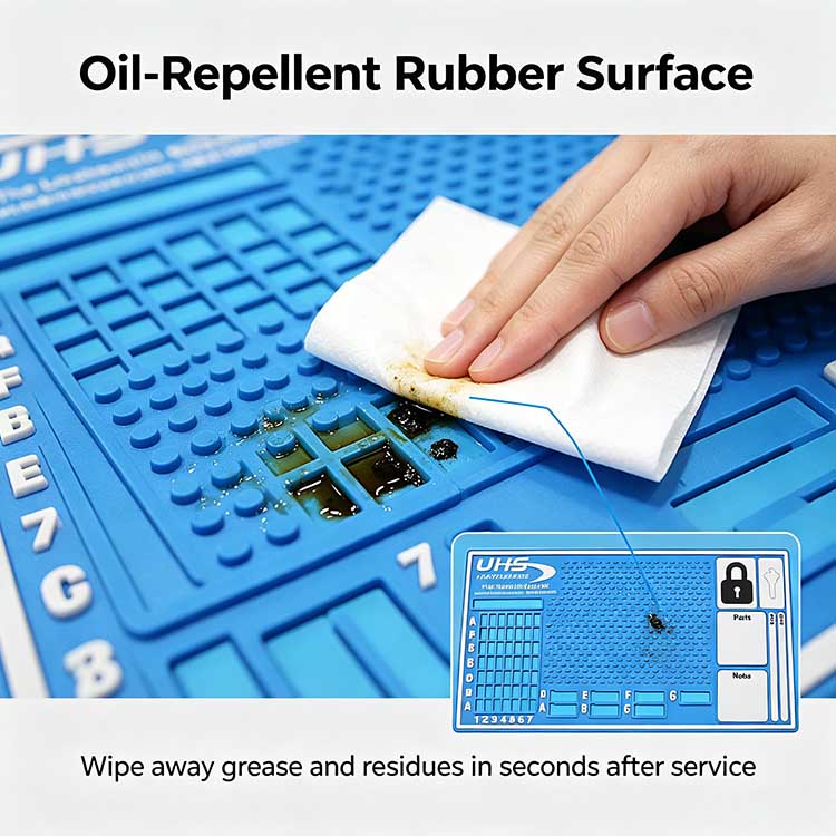 Oil repellent rubber locksmith tray wiping clean grease and residues.