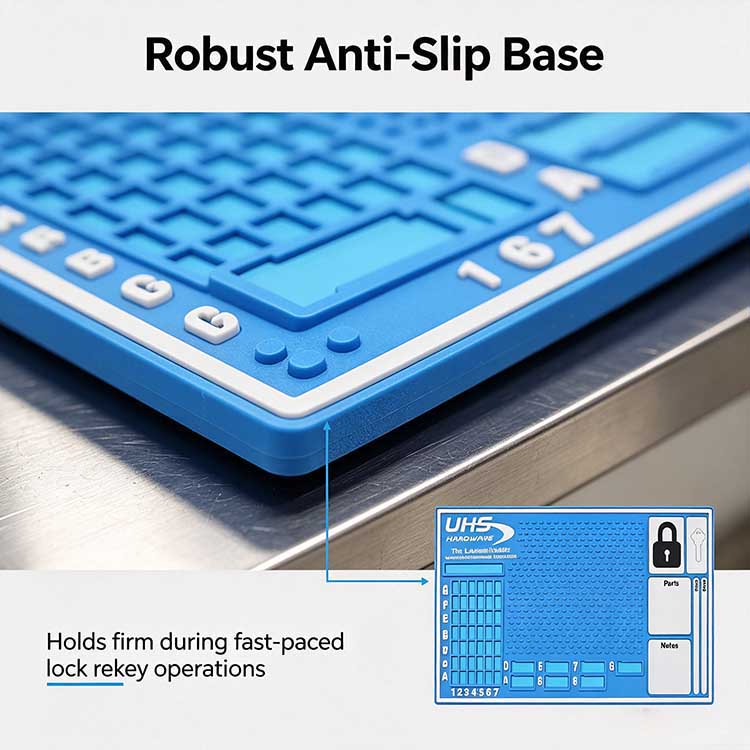 Robust anti-slip rubber base for locksmith tray holding firm on steel benches.