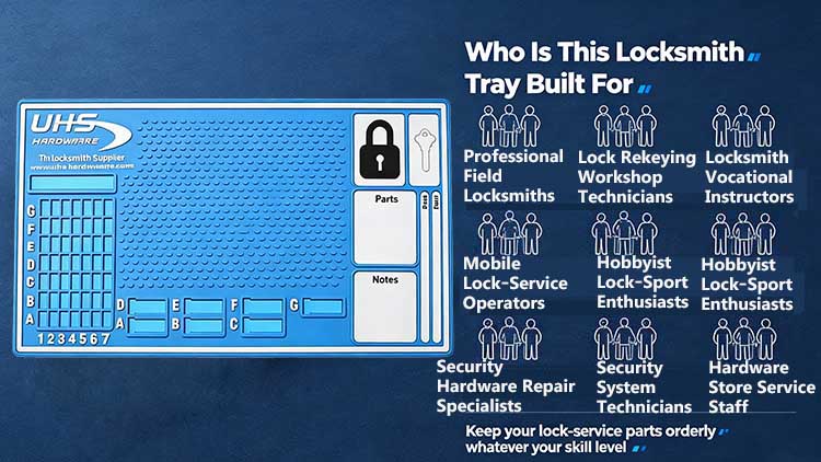 Commercial locksmith tray for field technicians workshop pros and security instructors.