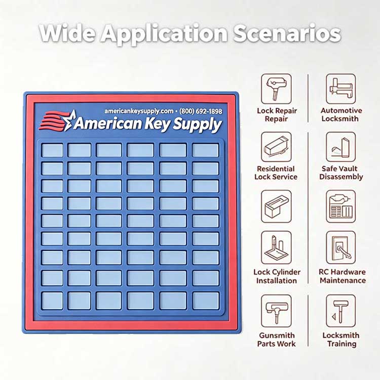 Versatile locksmith work mat used for residential and commercial lock repair.