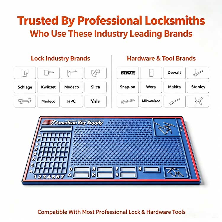 Locksmith work mat compatible with Schlage Kwikset Medeco GMS and HPC professional tools