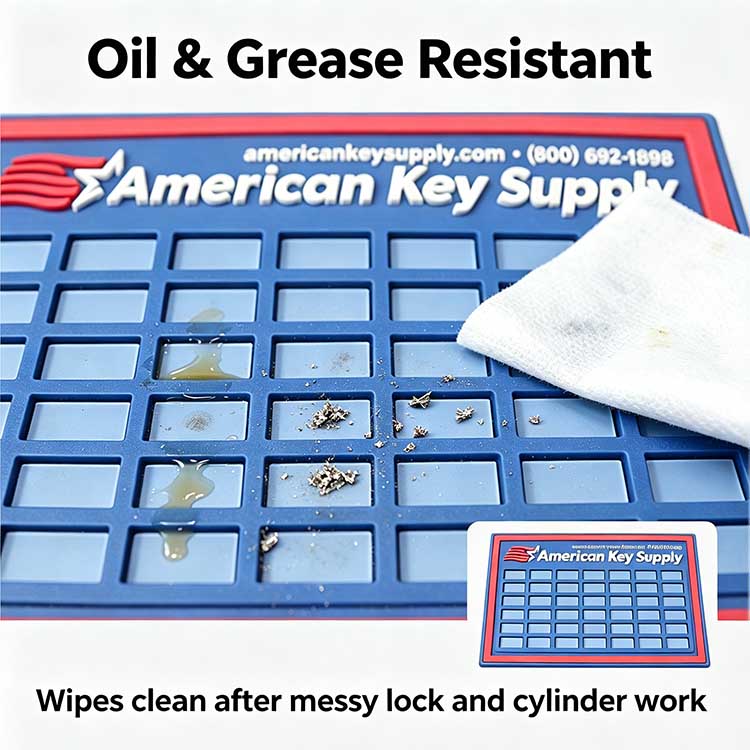 Oil and grease-resistant locksmith mat repelling lock graphite and lubricants.