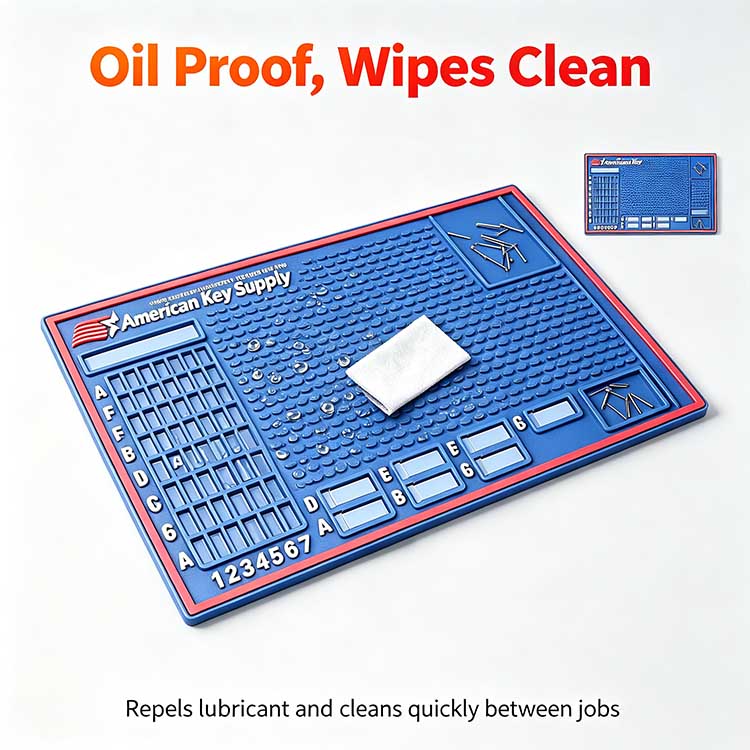 Oil proof rubber surface on locksmith work mat repelling lubricant and wiping clean between jobs