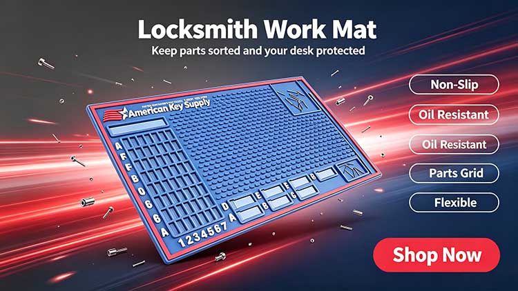 Non-slip rubber locksmith work mat with built-in parts grid organizing cylinder pins on workbench