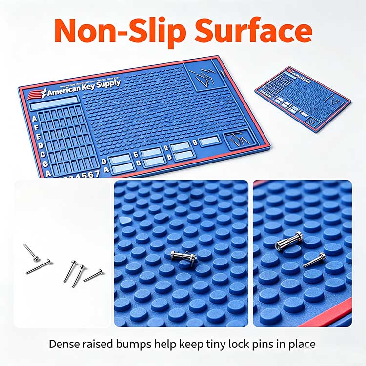 Dense raised non-slip dots on rubber locksmith work mat gripping tiny cylinder pins securely