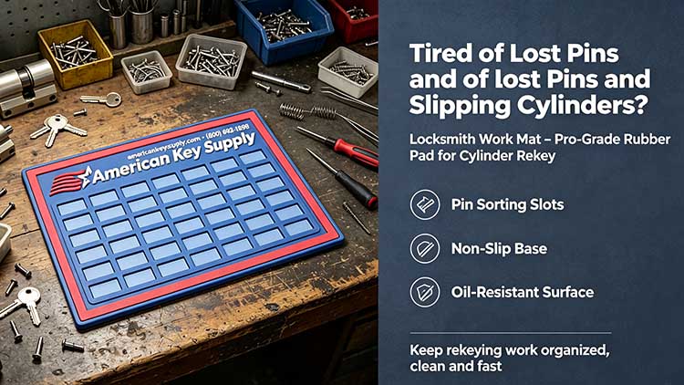 Professional grade non-slip locksmith work mat for organized cylinder rekeying. 