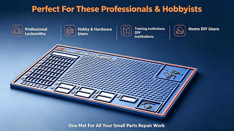 Target users including professional locksmiths, trainees, and DIY enthusiasts using the rubber work mat
