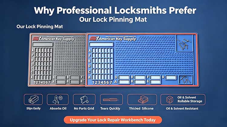Side-by-side comparison of rubber locksmith work mat versus generic PVC pad showing grip and durability