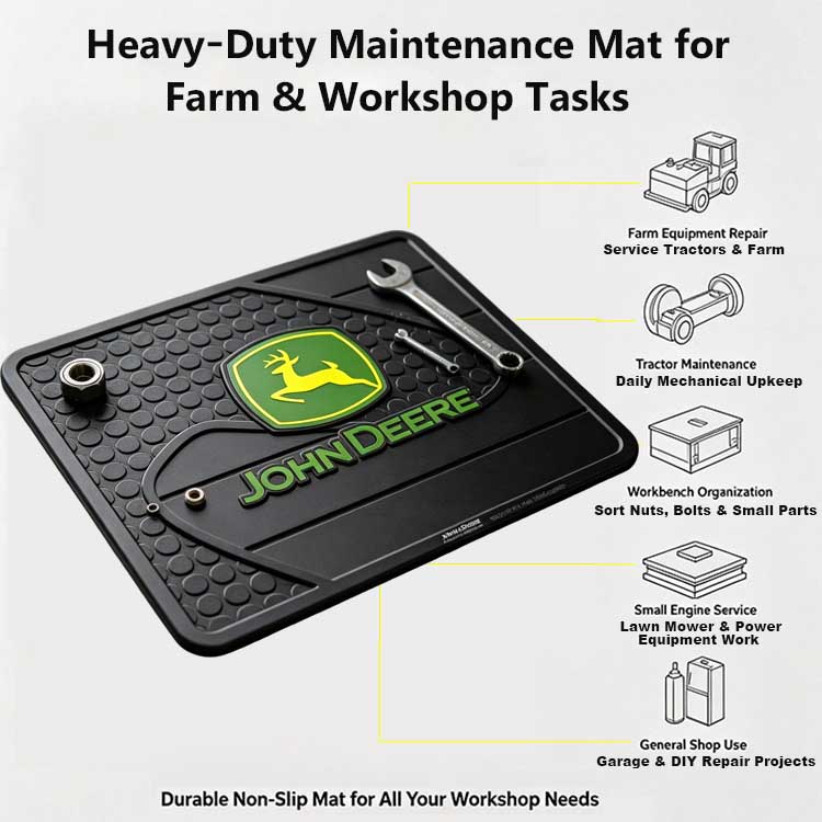 Versatile maintenance mat used for tractor and farm equipment repairs.