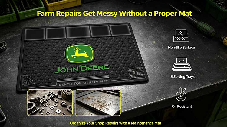 Non-slip maintenance mat with sorting tray preventing hardware loss during farm tractor repairs