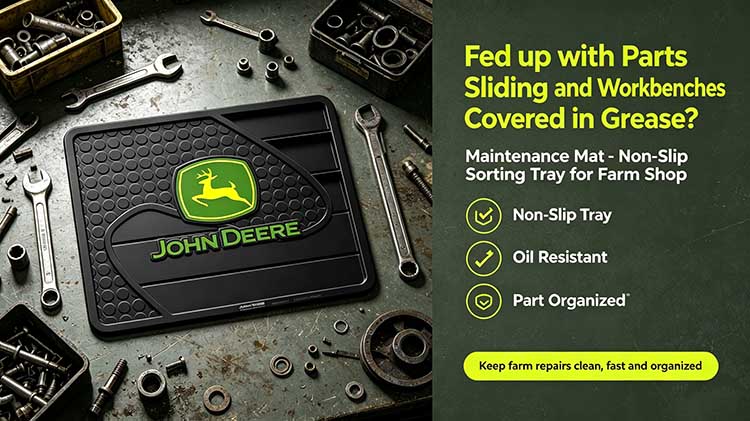 Heavy-duty non-slip maintenance mat with sorting tray for farm equipment repair