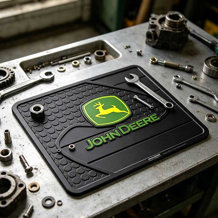 Practical farm maintenance mat setup organizing tools on a workshop bench.