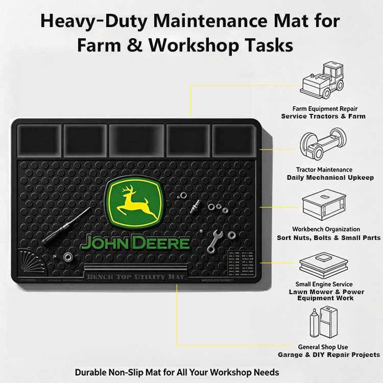 Versatile maintenance mat used for farm tractors, small engines, and workshop repairs