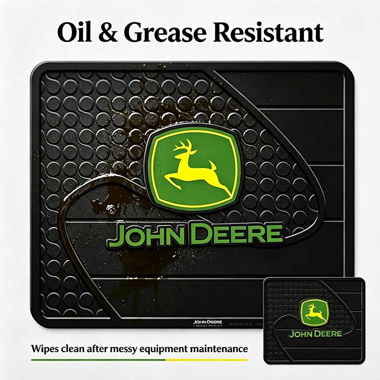 Oil and grease-resistant maintenance mat repelling tractor oil and diesel.
