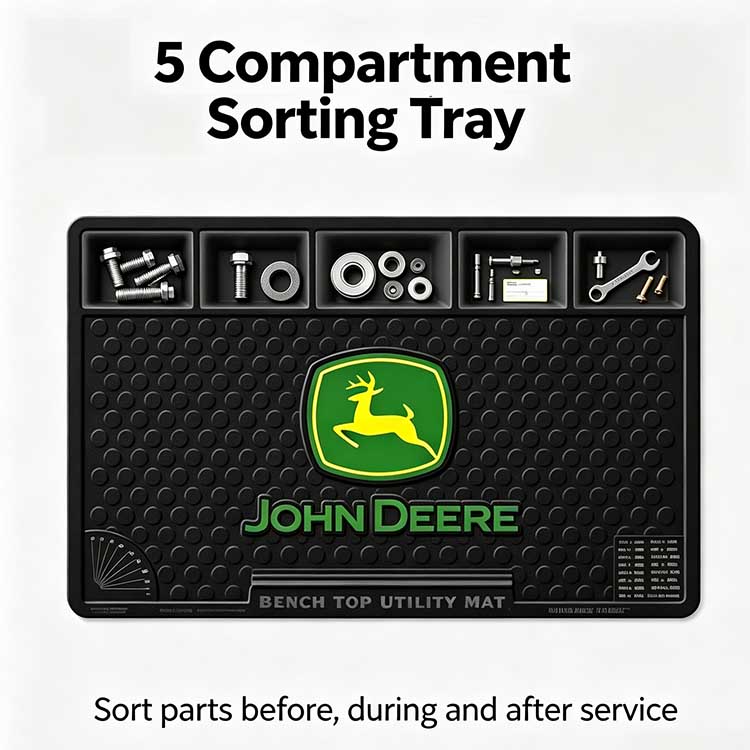 Built-in sorting tray on maintenance mat with compartments for farm hardware and bolts