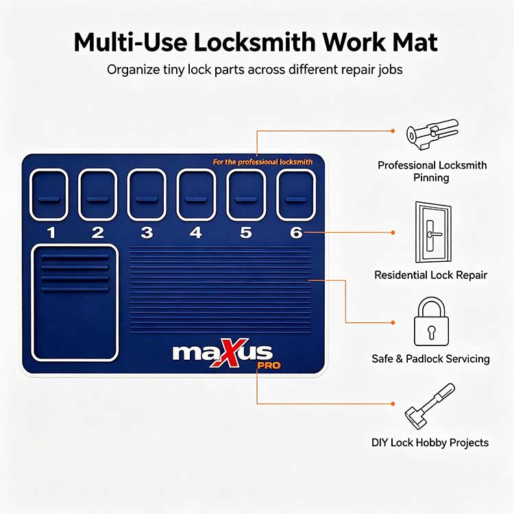 Multi-use locksmith work mat for professional pinning, residential lock repair, safe servicing, and DIY projects