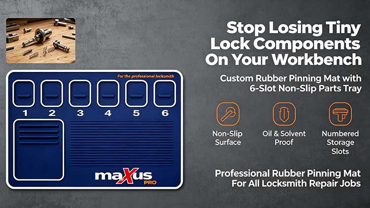 Rubber pinning mat with 6 numbered slots for locksmith pin and spring organization