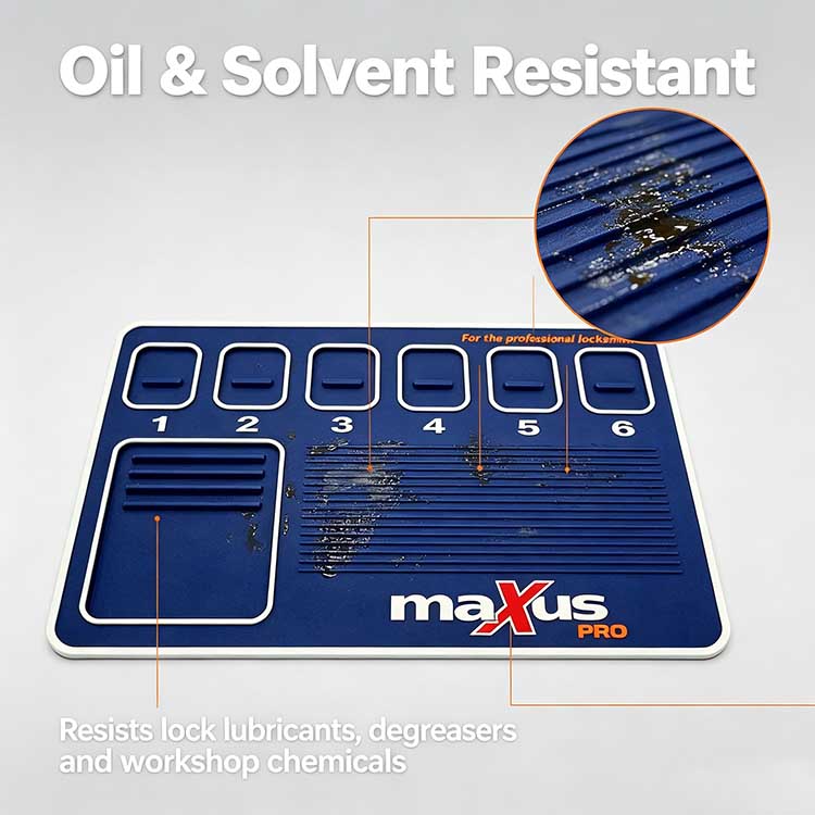 Oil and solvent resistant rubber pinning mat repelling lock lubricants and degreasers for easy cleaning
