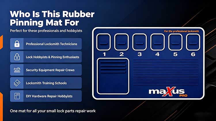 Target audience infographic showing rubber pinning mat for professional locksmiths, hobbyists, and training schools
