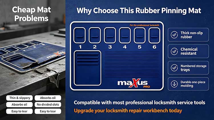 Comparison showing heavy-duty rubber pinning mat vs cheap mat that absorbs oil, tears, and lacks slots